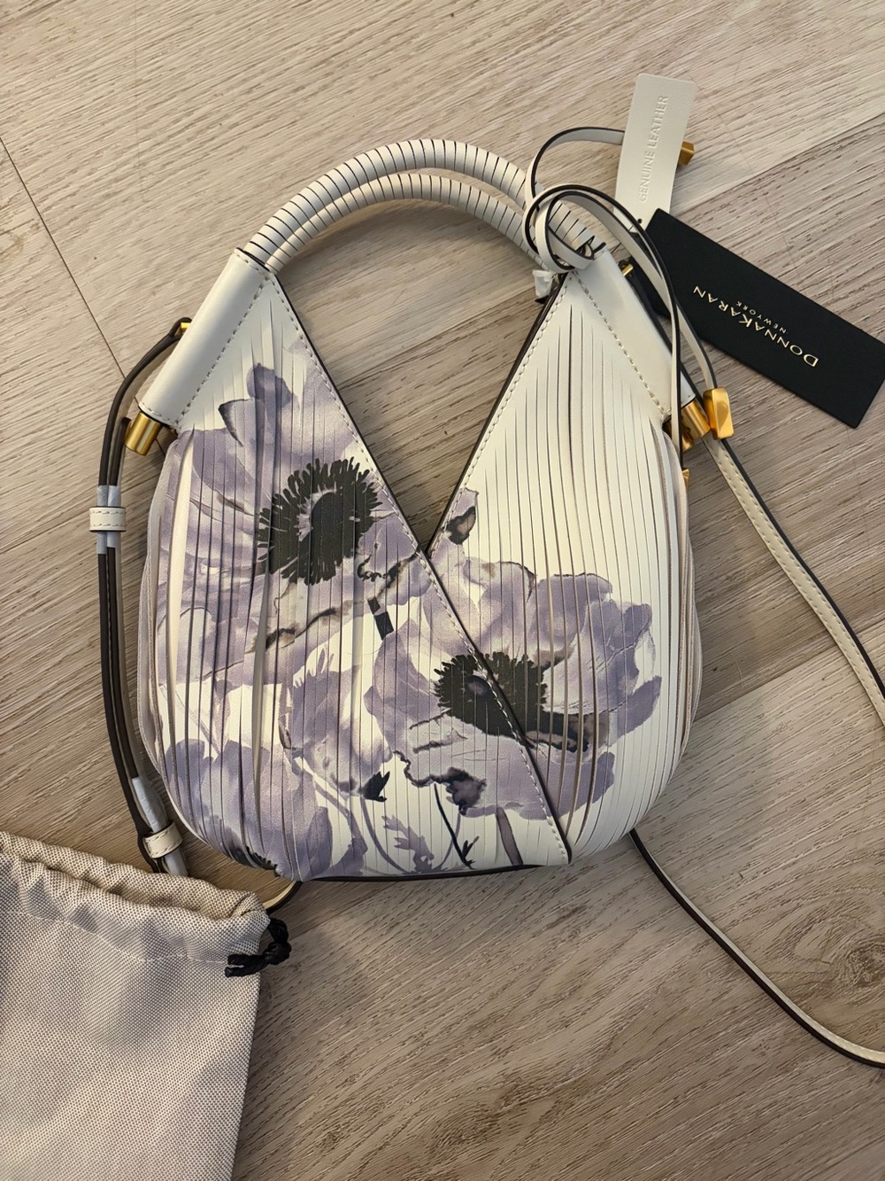 Donna Karan White Floral Pleated Shoulder Bag with Lavender Accents